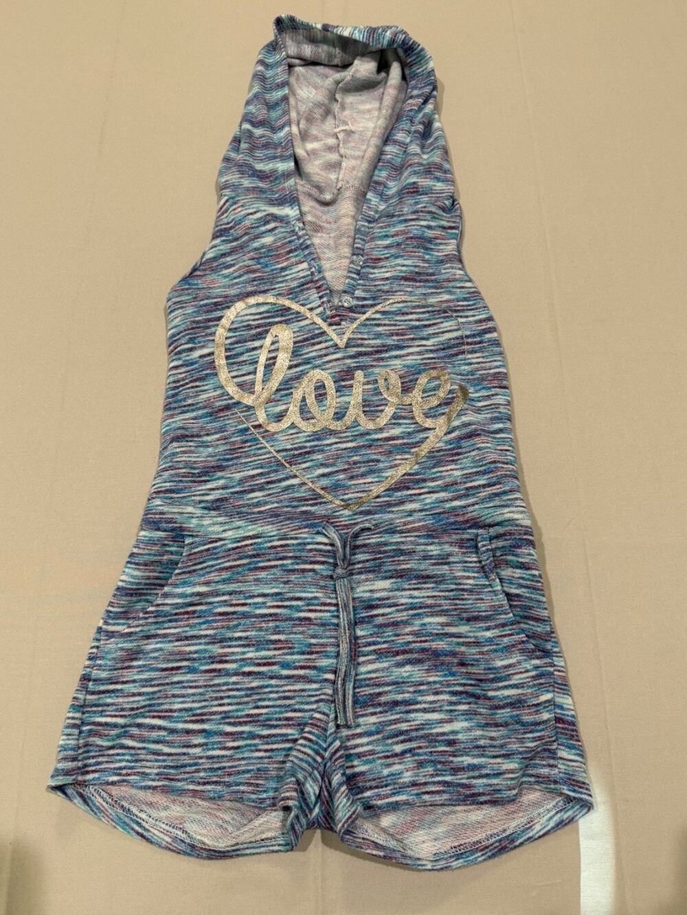 Girls 10/12 Sleeveless Hooded Romper Love Heart Blue Purple Space Dye Shorts